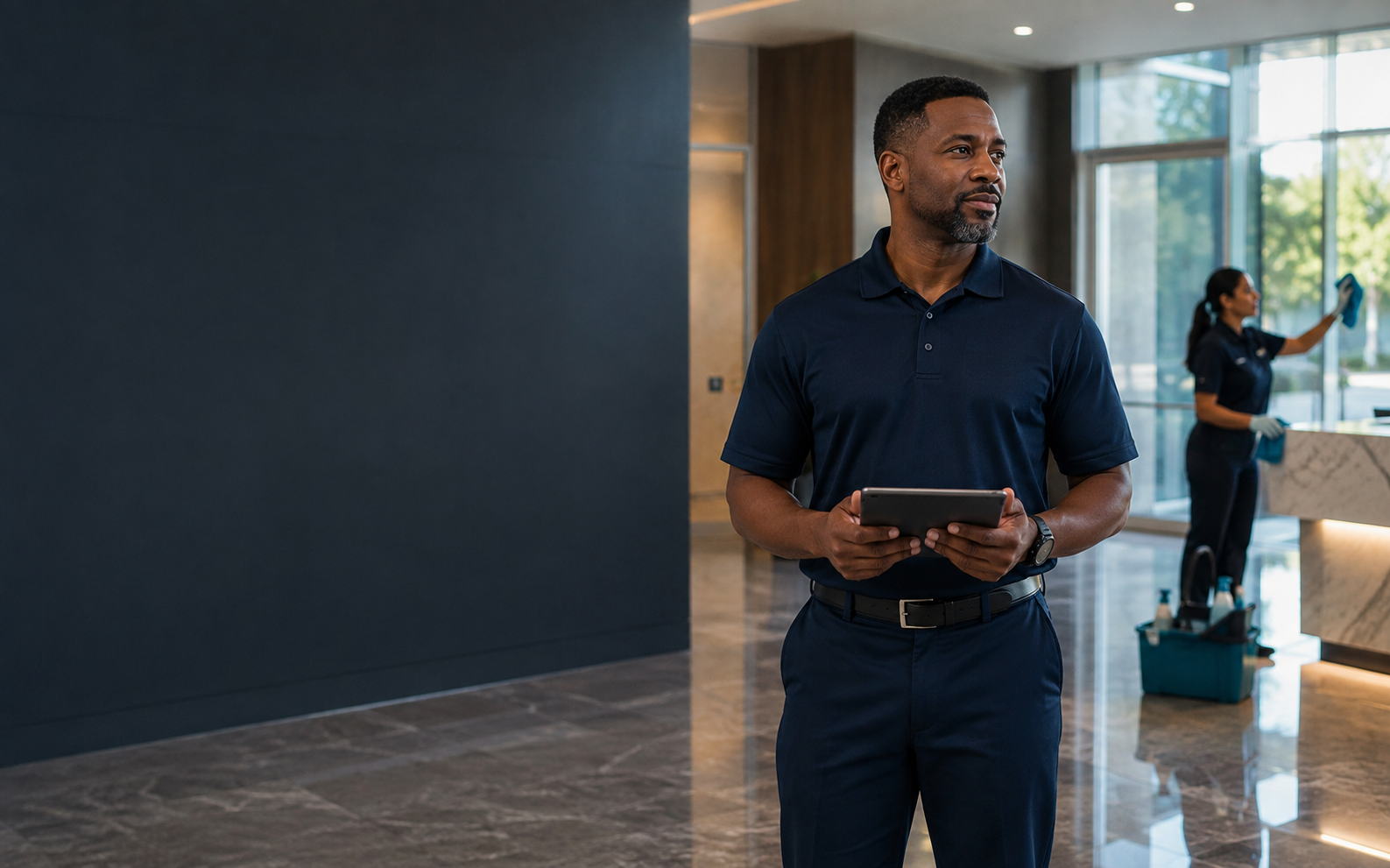 A commercial cleaning professional standing in a clean modern lobby